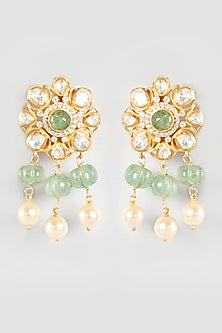 Gold Finish Emerald Synthetic Stones Earrings In Sterling Silver