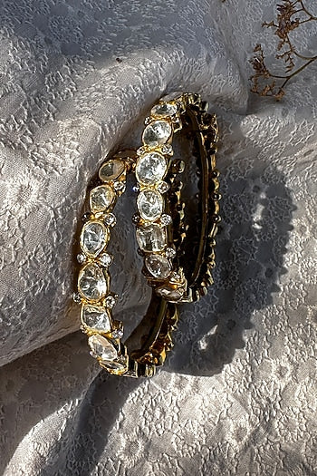 Gold Plated Moissanite Polki Handcrafted Bangles In Sterling Silver (Set of 2)