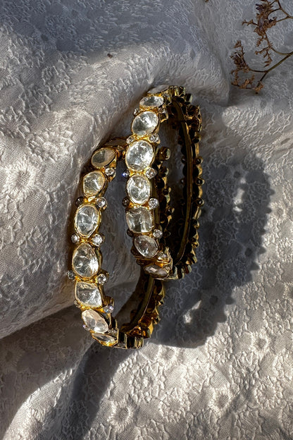 Gold Plated Moissanite Polki Handcrafted Bangles In Sterling Silver (Set of 2)