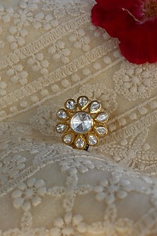 Gold Plated Moissanite Kundan Polki Handcrafted Ring In Sterling Silver