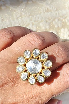Gold Plated Moissanite Kundan Polki Handcrafted Ring In Sterling Silver