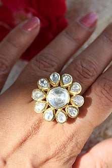 Gold Plated Moissanite Kundan Polki Handcrafted Ring In Sterling Silver