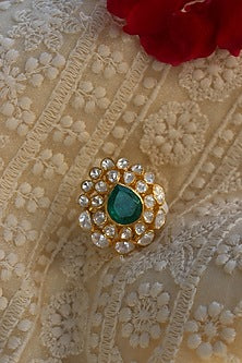 Gold Plated Moissanite Kundan Polki Handcrafted Ring In Sterling Silver