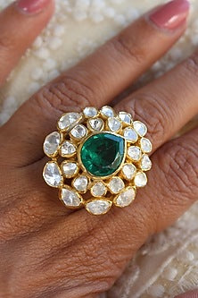 Gold Plated Moissanite Kundan Polki Handcrafted Ring In Sterling Silver