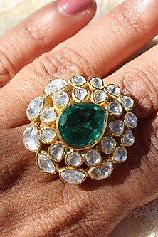 Gold Plated Moissanite Kundan Polki Handcrafted Ring In Sterling Silver