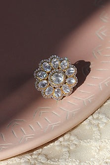 Gold Plated Moissanite Kundan Polki Handcrafted Ring In Sterling Silver