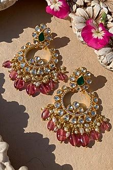 Gold Plated Moissanite Polki & Semi-Precious Stone Dangler Earrings In Sterling Silver