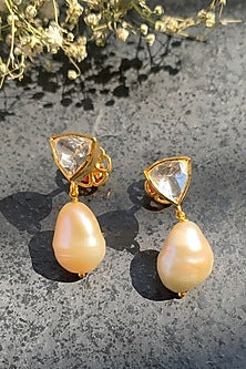 Gold Plated Moissanite Polki & Semi-Precious Stone Handcrafted Dangler Earrings In Sterling Silver