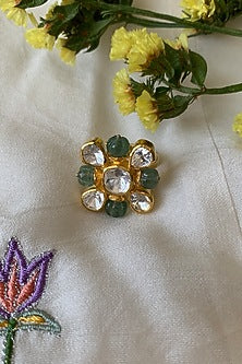 Gold Plated Moissanite Polki & Semi-Precious Stone Handcrafted Ring In Sterling Silver
