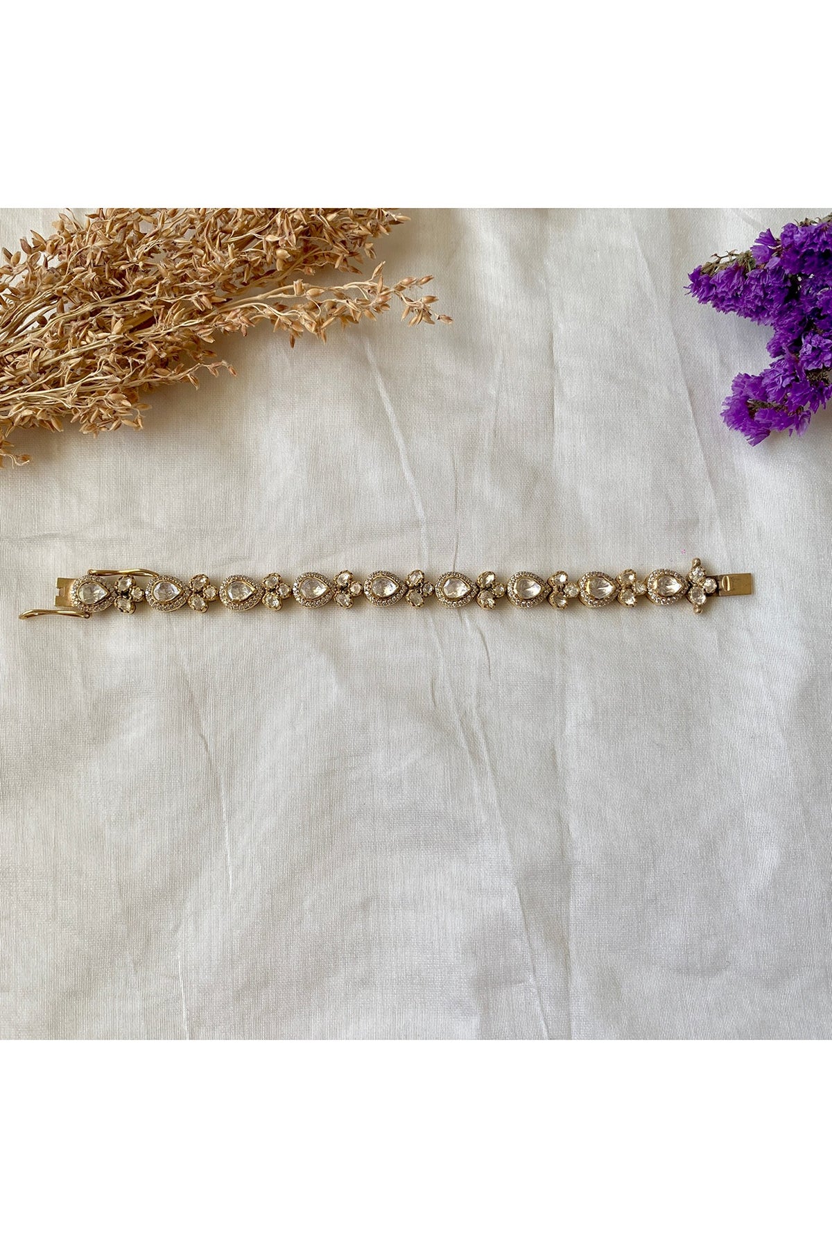 Gold Plated Moissanite Polki & Semi-Precious Stone Handcrafted Bracelet In Sterling Silver