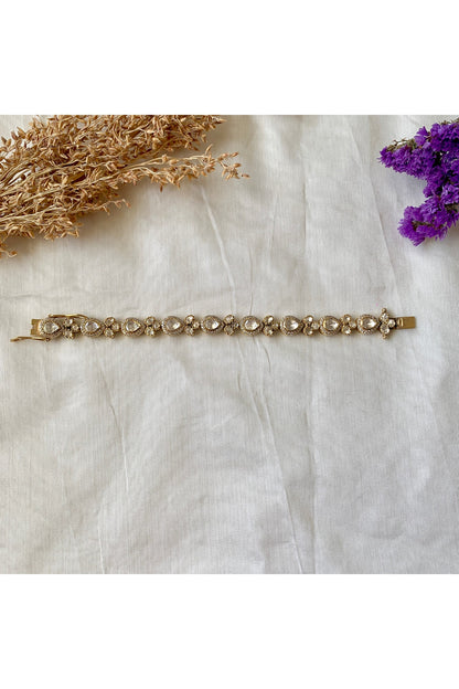 Gold Plated Moissanite Polki & Semi-Precious Stone Handcrafted Bracelet In Sterling Silver