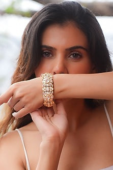 Gold Plated Moissanite Polki & Semi-Precious Stone Handcrafted Bangle In Sterling Silver