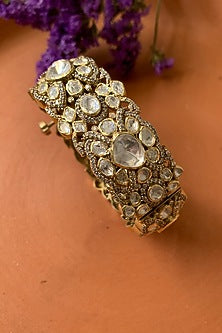 Gold Plated Moissanite Polki & Semi-Precious Stone Handcrafted Bangle In Sterling Silver
