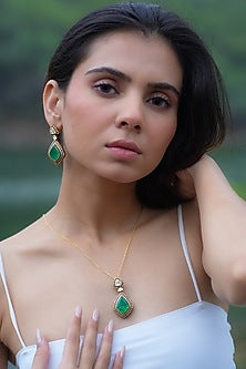 Gold Plated Moissanite Polki & Semi-Precious Stone Handcrafted Necklace Set In Sterling Silver