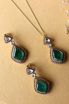 Gold Plated Moissanite Polki & Semi-Precious Stone Handcrafted Necklace Set In Sterling Silver