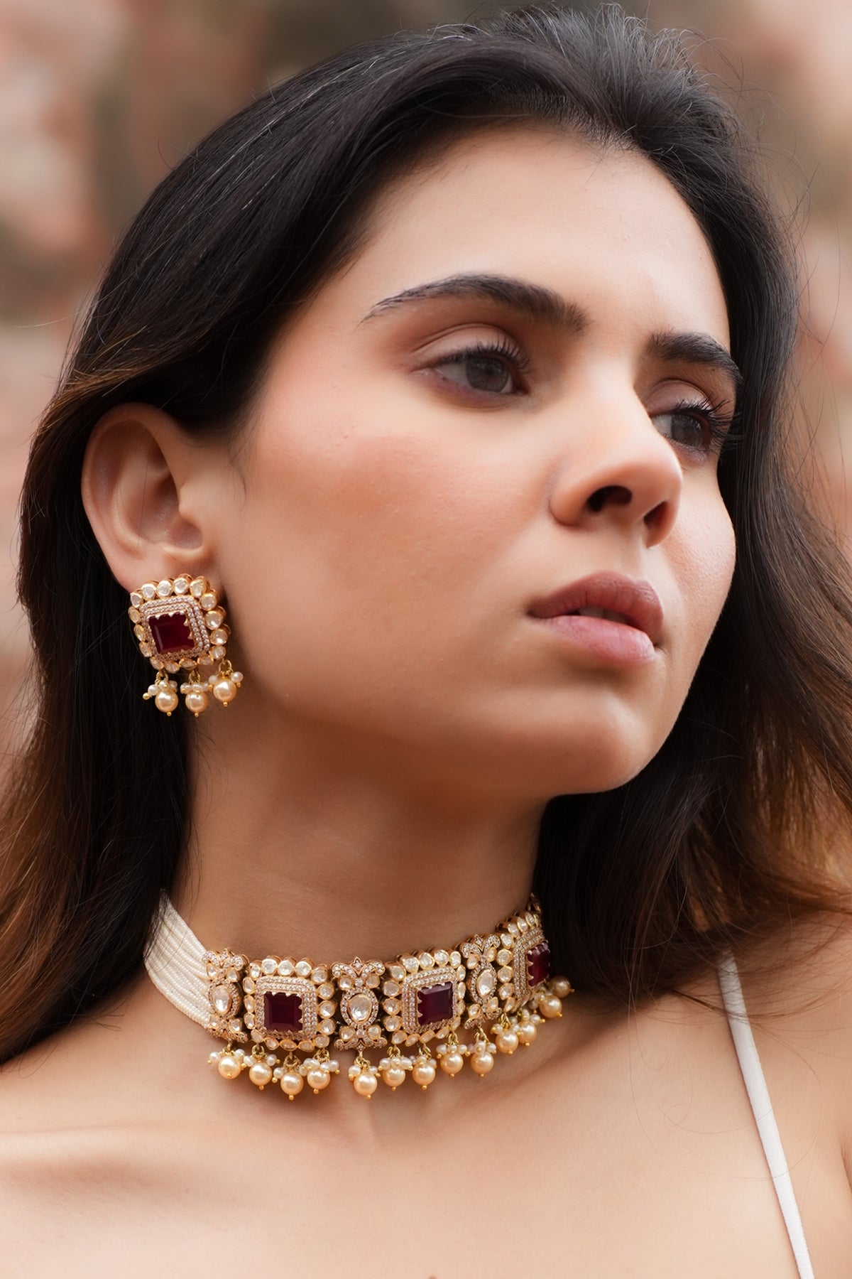 Gold Plated Moissanite Polki & Semi-Precious Stone Handcrafted Choker Necklace Set In Sterling Silver