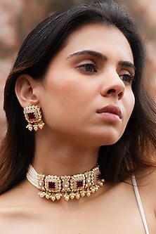 Gold Plated Moissanite Polki & Semi-Precious Stone Handcrafted Choker Necklace Set In Sterling Silver