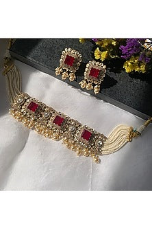 Gold Plated Moissanite Polki & Semi-Precious Stone Handcrafted Choker Necklace Set In Sterling Silver