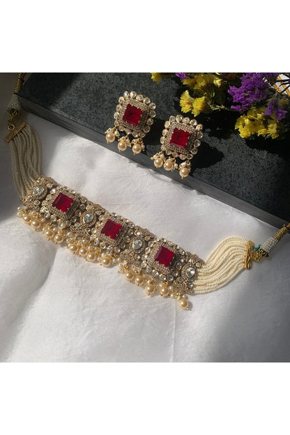 Gold Plated Moissanite Polki & Semi-Precious Stone Handcrafted Choker Necklace Set In Sterling Silver