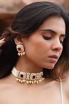 Gold Plated Moissanite Polki & Semi-Precious Stone Handcrafted Choker Necklace Set In Sterling Silver