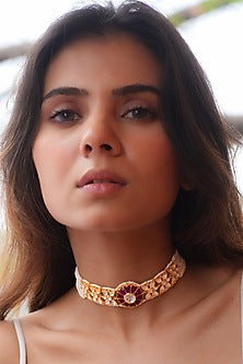 Gold Plated Moissanite Polki & Semi-Precious Stone Handcrafted Choker Necklace In Sterling Silver