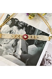 Gold Plated Moissanite Polki & Semi-Precious Stone Handcrafted Choker Necklace In Sterling Silver