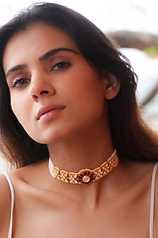 Gold Plated Moissanite Polki & Semi-Precious Stone Handcrafted Choker Necklace In Sterling Silver