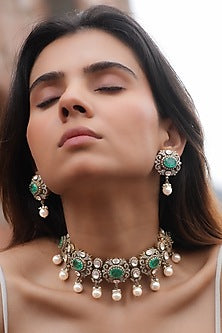 Gold Plated Moissanite Polki & Semi-Precious Stone Handcrafted Choker Necklace Set In Sterling Silver