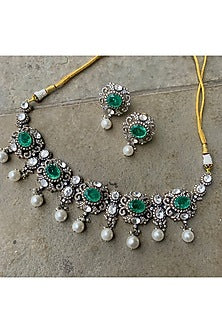 Gold Plated Moissanite Polki & Semi-Precious Stone Handcrafted Choker Necklace Set In Sterling Silver