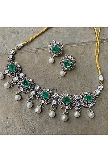 Gold Plated Moissanite Polki & Semi-Precious Stone Handcrafted Choker Necklace Set In Sterling Silver