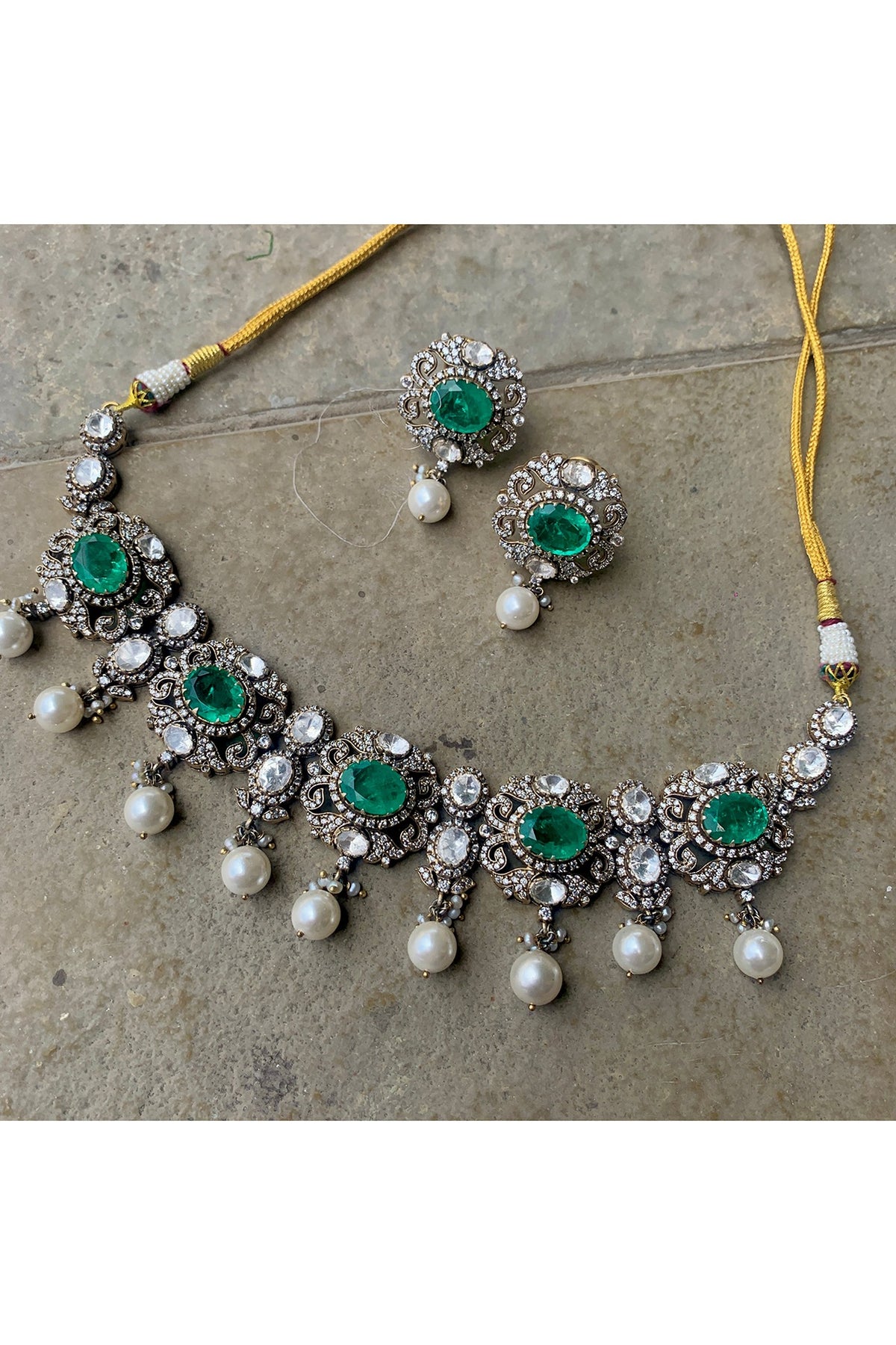 Gold Plated Moissanite Polki & Semi-Precious Stone Handcrafted Choker Necklace Set In Sterling Silver