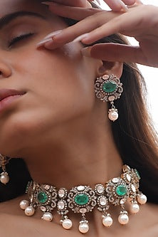 Gold Plated Moissanite Polki & Semi-Precious Stone Handcrafted Choker Necklace Set In Sterling Silver