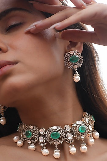 Gold Plated Moissanite Polki & Semi-Precious Stone Handcrafted Choker Necklace Set In Sterling Silver