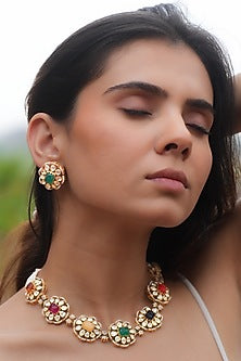 Gold Plated Moissanite Polki & Semi-Precious Stone Handcrafted Choker Necklace Set In Sterling Silver