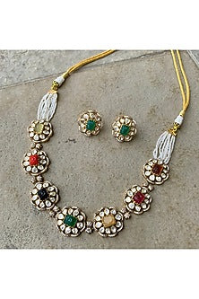 Gold Plated Moissanite Polki & Semi-Precious Stone Handcrafted Choker Necklace Set In Sterling Silver