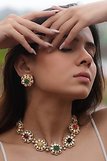 Gold Plated Moissanite Polki & Semi-Precious Stone Handcrafted Choker Necklace Set In Sterling Silver
