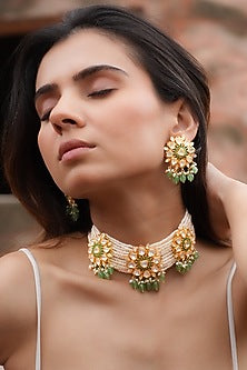 Gold Plated Moissanite Polki & Semi-Precious Stone Handcrafted Choker Necklace Set In Sterling Silver