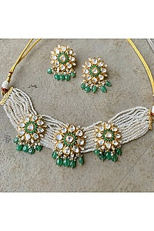 Gold Plated Moissanite Polki & Semi-Precious Stone Handcrafted Choker Necklace Set In Sterling Silver
