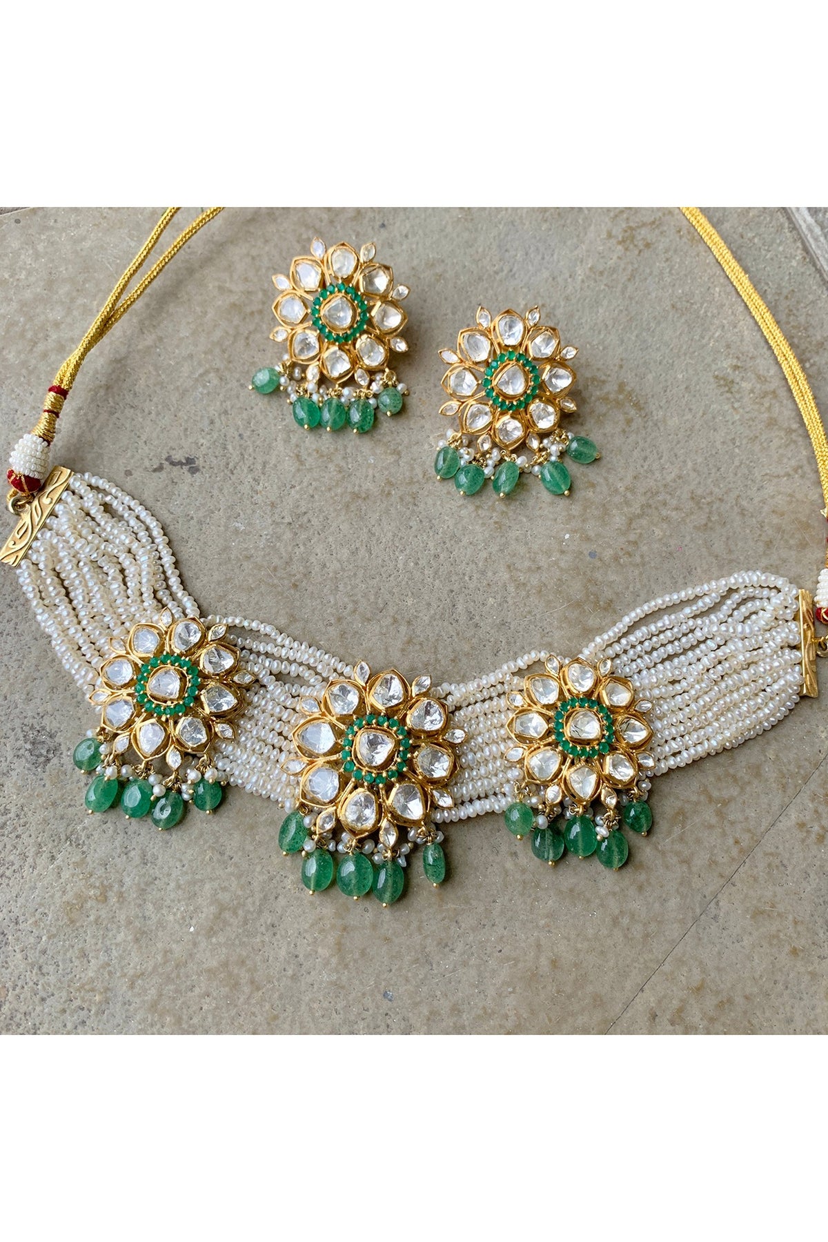 Gold Plated Moissanite Polki & Semi-Precious Stone Handcrafted Choker Necklace Set In Sterling Silver
