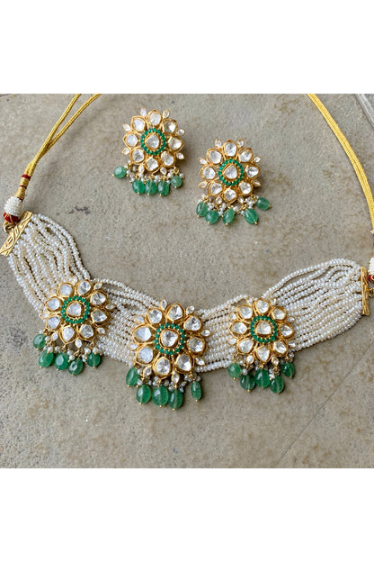 Gold Plated Moissanite Polki & Semi-Precious Stone Handcrafted Choker Necklace Set In Sterling Silver