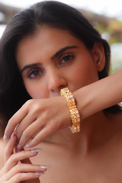 Gold Plated Moissanite Polki & Semi-Precious Stone Handcrafted Bracelet In Sterling Silver