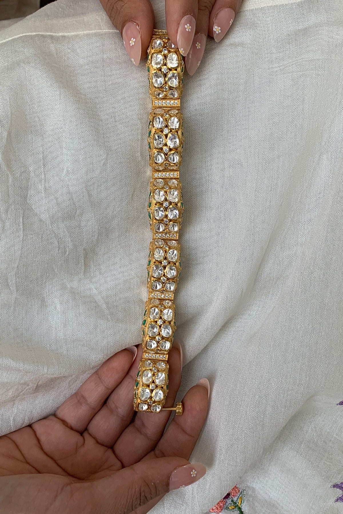 Gold Plated Moissanite Polki & Semi-Precious Stone Handcrafted Bracelet In Sterling Silver
