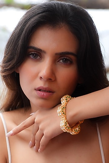 Gold Plated Moissanite Polki & Semi-Precious Stone Handcrafted Bracelet In Sterling Silver