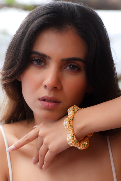 Gold Plated Moissanite Polki & Semi-Precious Stone Handcrafted Bracelet In Sterling Silver