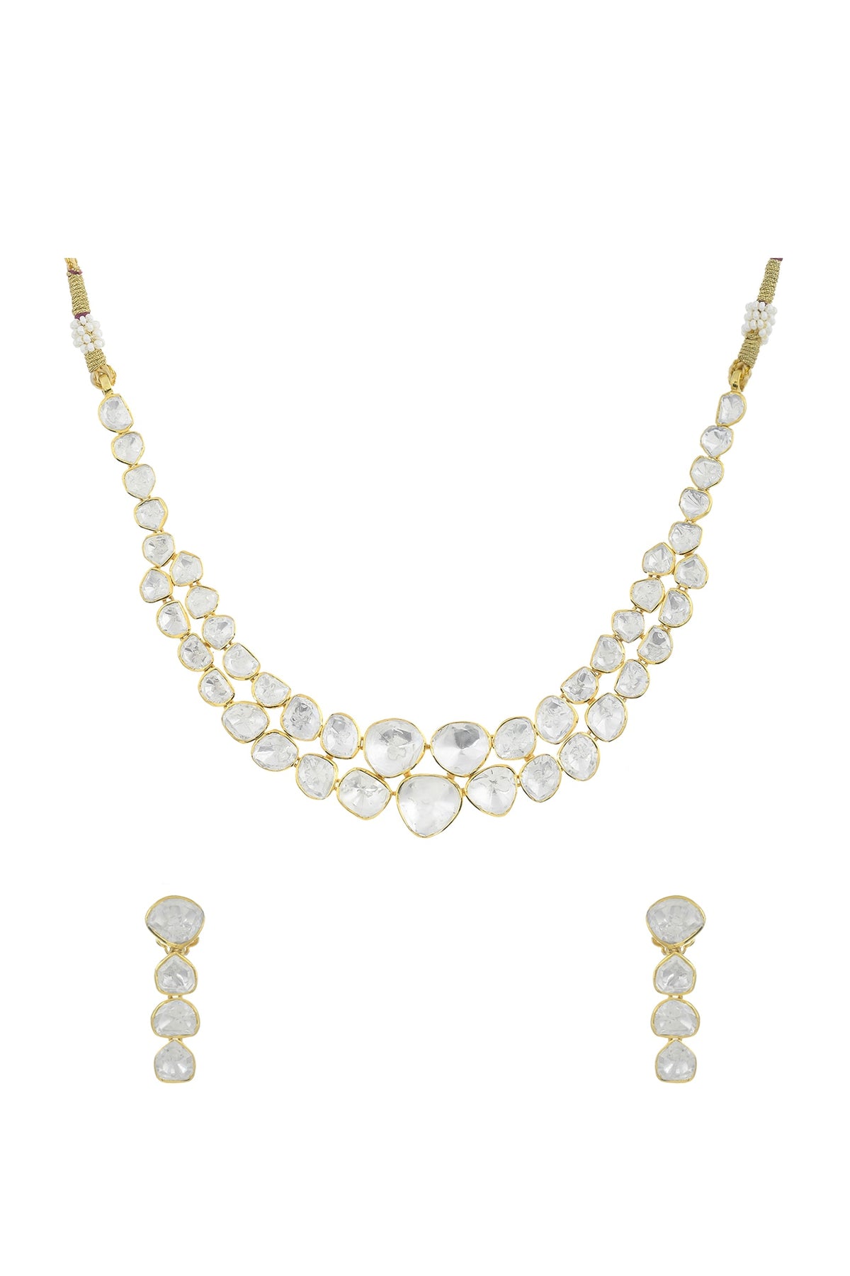 Gold Plated Kundan Polki Necklace Set In Sterling Silver
