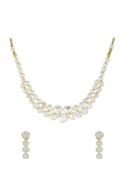 Gold Plated Kundan Polki Necklace Set In Sterling Silver