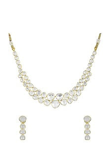 Gold Plated Kundan Polki Necklace Set In Sterling Silver