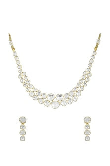 Gold Plated Kundan Polki Necklace Set In Sterling Silver