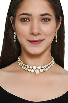 Gold Plated Kundan Polki Necklace Set In Sterling Silver