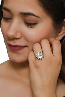 Gold Plated Ring With Kundan Polki In Sterling Silver